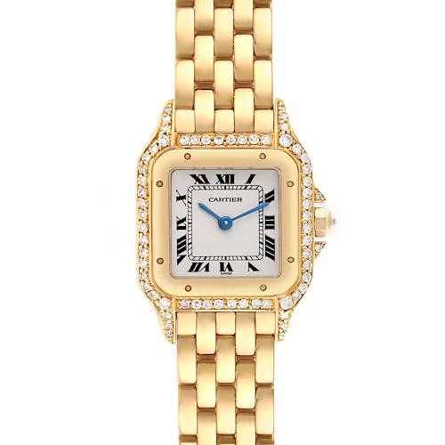 The image shows a Cartier Panthère watch from a top view, highlighting its gold case, diamond bezel, and link bracelet.