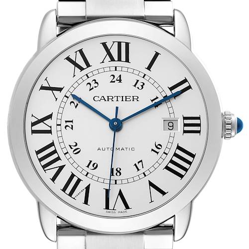 The Cartier Ronde W6701011 Men's Stainless Steel Silver Dial W6701011 Men's Stainless Steel Silver Dial watch is shown from a front angle, displaying the dial, hands, crown, and part of the bracelet.