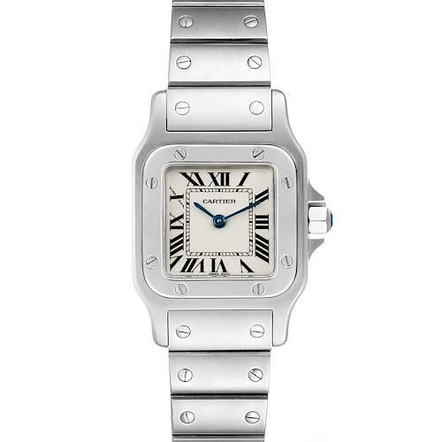 This Cartier Santos W20056D6 Women's Stainless Steel Silver Dial W20056D6 Women's Stainless Steel Silver Dial watch is shown from a front angle, displaying the face, strap, and bezel.
