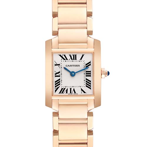 The Cartier Tank Francaise W500264H Women's Rose Gold Silver Dial W500264H Women's Rose Gold Silver Dial watch is shown from a front angle, displaying its face, bezel, and bracelet.