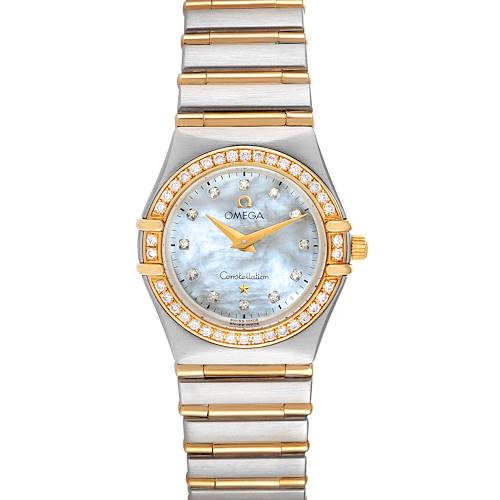 The image shows a front view of the Omega 1277.75.00 Women's Steel and Gold (two tone) Mother of Pearl Dial 1277.75.00 Women's Steel and Gold (two tone) Mother of Pearl Dial Constellation 95 Steel Yellow Gold MOP Diamond Ladies Watch 1277.75.00.