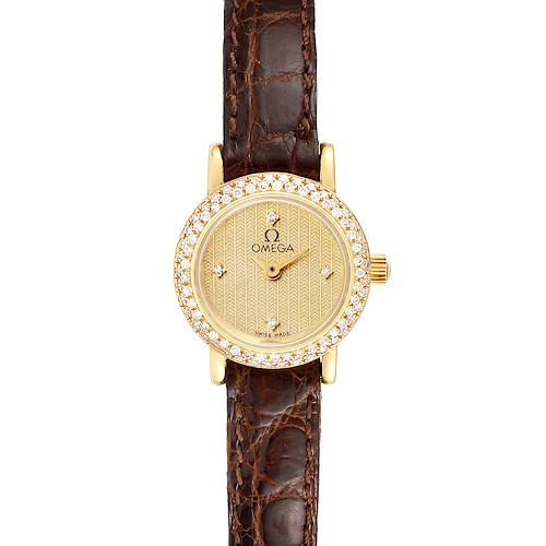 The image shows the front view of the Omega 1450 Women's Yellow Gold Champagne Dial 1450 Women's Yellow Gold Champagne Dial DeVille Mini Yellow Gold Diamond Cocktail Ladies Watch 1450, featuring its face, bezel, and strap.