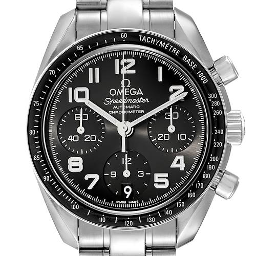 This image shows a front view of an Omega Speedmaster 324.30.38.40.06.001 Men's Stainless Steel Grey Dial 324.30.38.40.06.001 Men's Stainless Steel Grey Dial watch, including the dial and stainless steel case and bracelet.