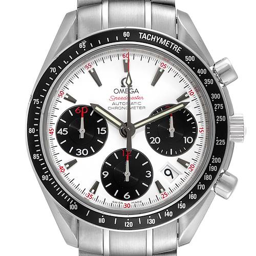 The image shows a front view of an Omega Speedmaster 323.30.40.40.04.001 Men's Stainless Steel White Dial 323.30.40.40.04.001 Men's Stainless Steel White Dial watch, featuring the dial, bezel, and part of the stainless steel bracelet.