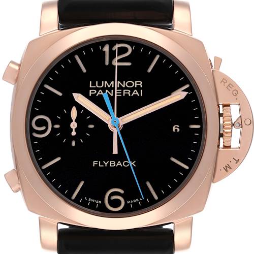 The Panerai Luminor PAM00525 Men's Rose Gold Black Dial PAM00525 Men's Rose Gold Black Dial watch is shown from the front, highlighting its face, crown guard, and strap attachment.