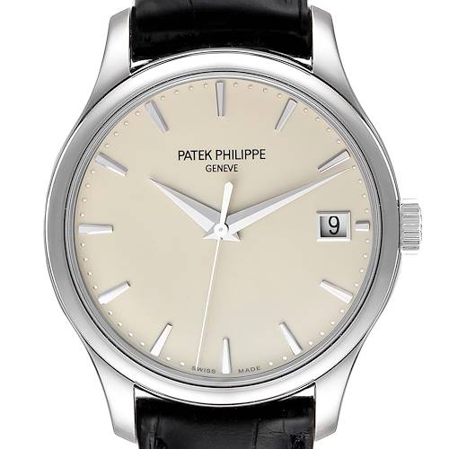 The Patek Philippe Calatrava 5227G Men's White Gold Silver Dial 5227G Men's White Gold Silver Dial watch is shown from the front, displaying the dial, hands, date window, and part of the leather strap.