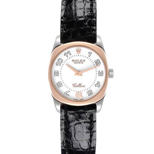 The image shows a Rolex Cellini 6229 Women's White Gold White Dial 6229 Women's White Gold White Dial watch from the front, highlighting the dial, hands, case, and strap.