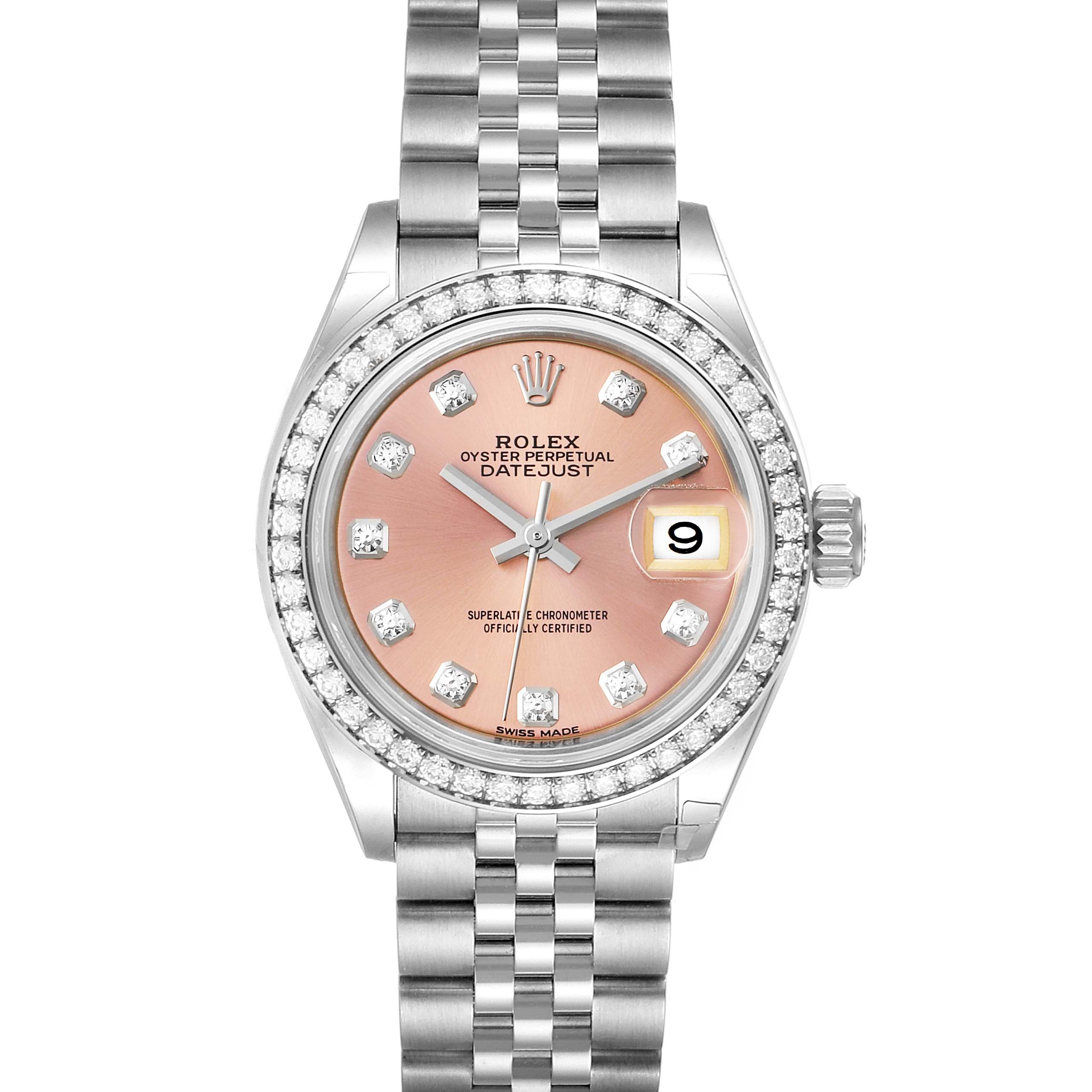 The image shows a frontal view of a Rolex Datejust 279384 Women's Stainless Steel Pink Dial 279384 Women's Stainless Steel Pink Dial watch, displaying the dial, bezel, bracelet, and crown.