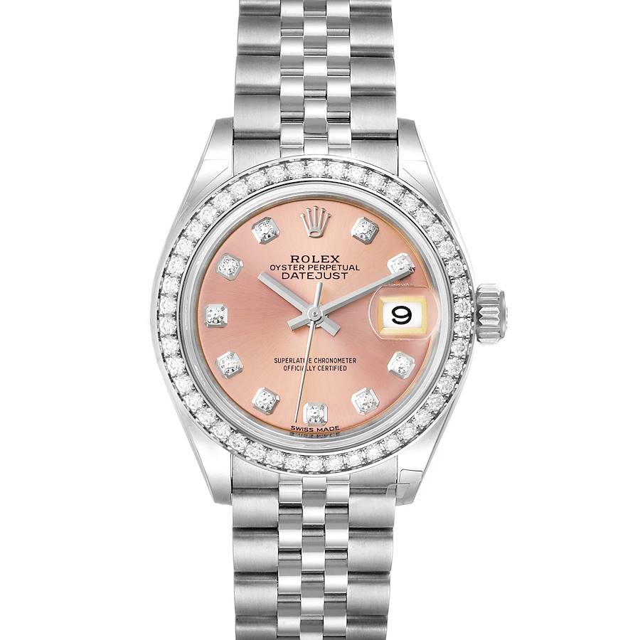 The image shows a frontal view of a Rolex Datejust 279384 Women's Stainless Steel Pink Dial 279384 Women's Stainless Steel Pink Dial watch, displaying the dial, bezel, bracelet, and crown.