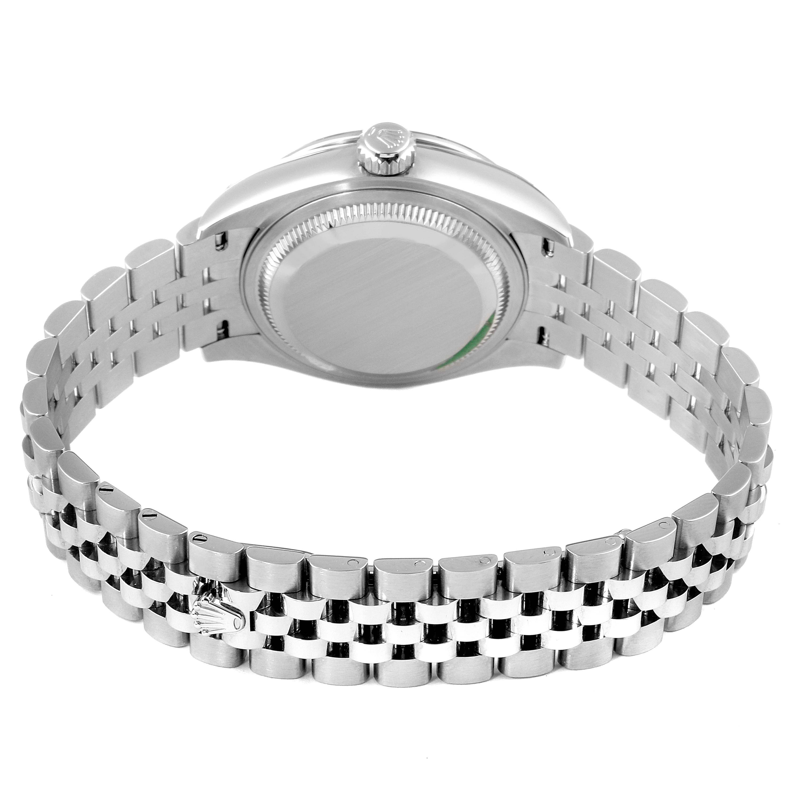 This image shows the back of the Rolex Datejust 279384 Women's Stainless Steel Pink Dial 279384 Women's Stainless Steel Pink Dial watch, including the back of the case and the full bracelet.