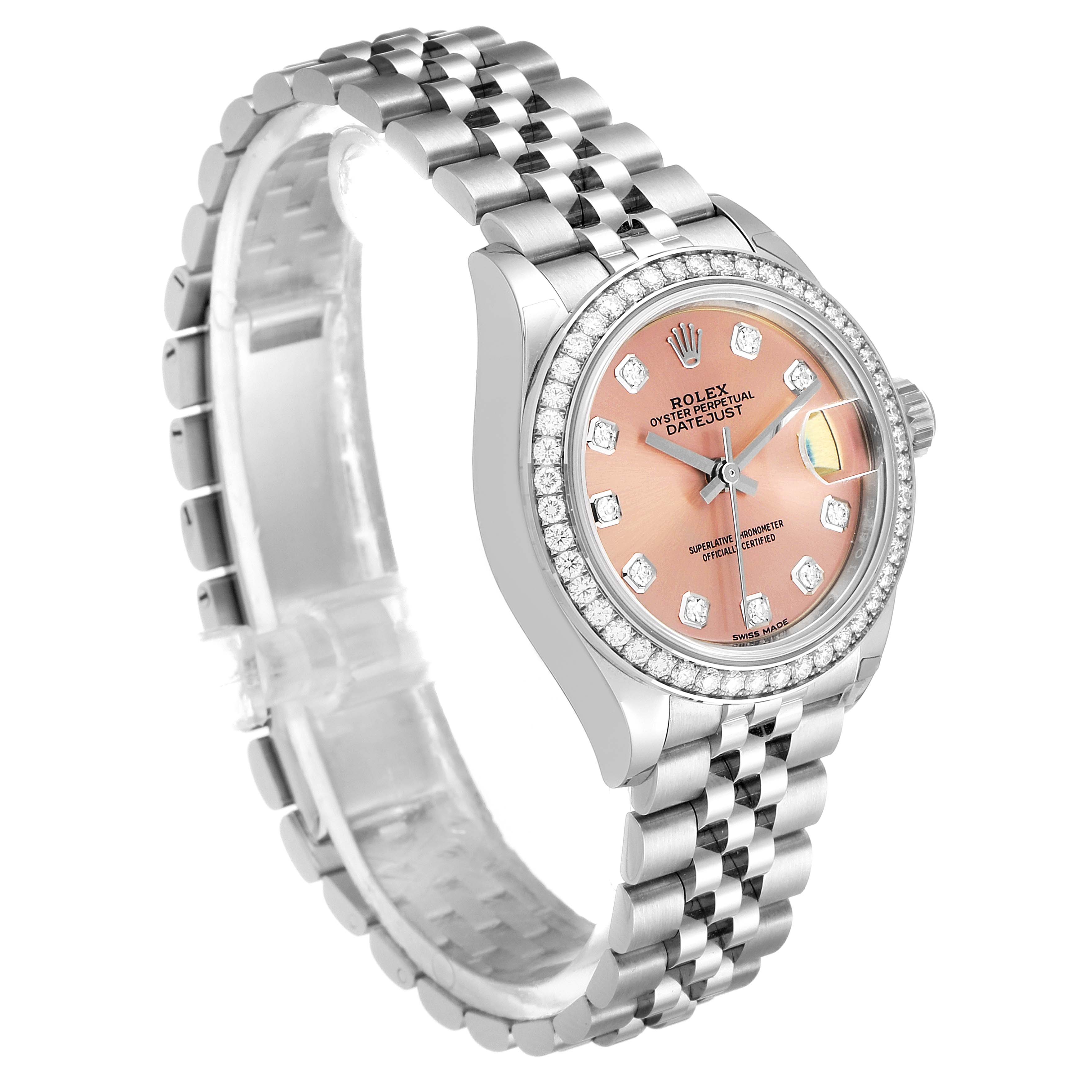 The Rolex Datejust 279384 Women's Stainless Steel Pink Dial 279384 Women's Stainless Steel Pink Dial watch is shown at a slight angle, displaying the dial, bezel, case, and bracelet.