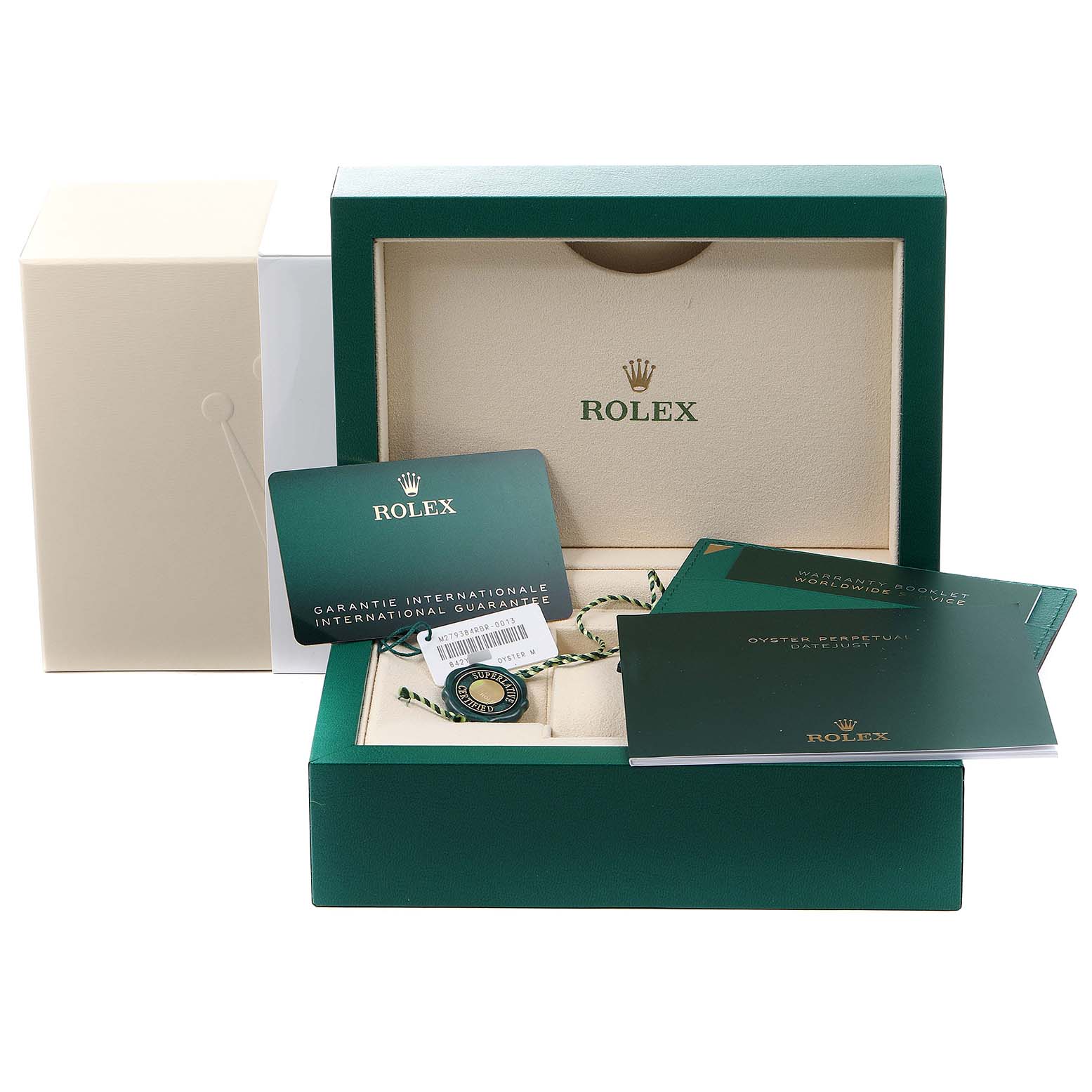 This image shows the Rolex Datejust 279384 Women's Stainless Steel Pink Dial 279384 Women's Stainless Steel Pink Dial packaging with warranty cards, booklets, and a hang tag from a front angle.