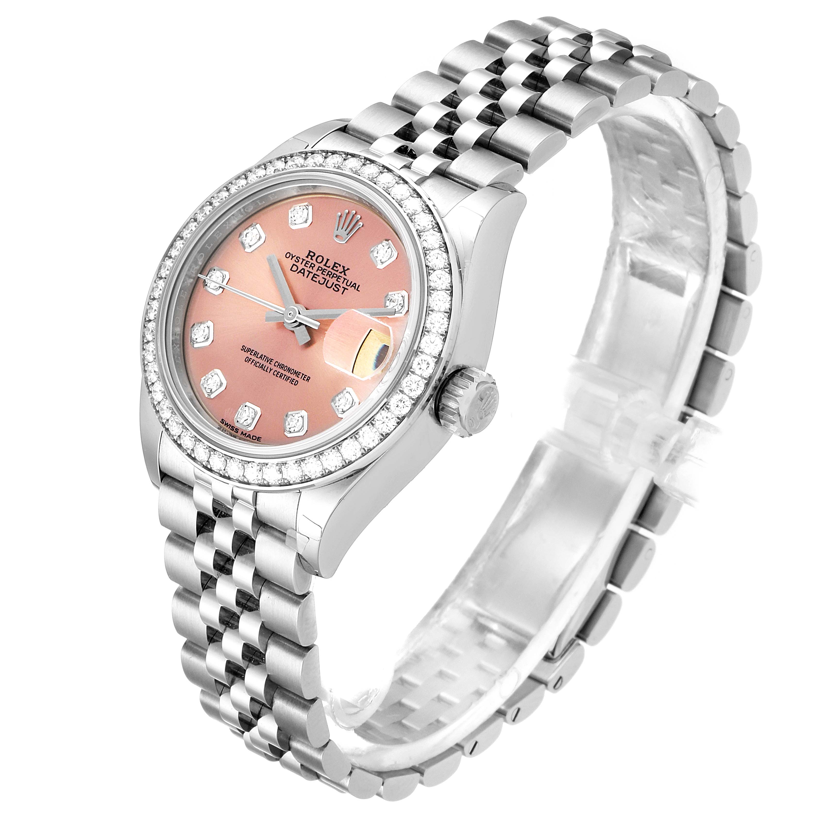 The image shows a Rolex Datejust 279384 Women's Stainless Steel Pink Dial 279384 Women's Stainless Steel Pink Dial watch angled to display its bracelet, face, and bezel with diamond accents.