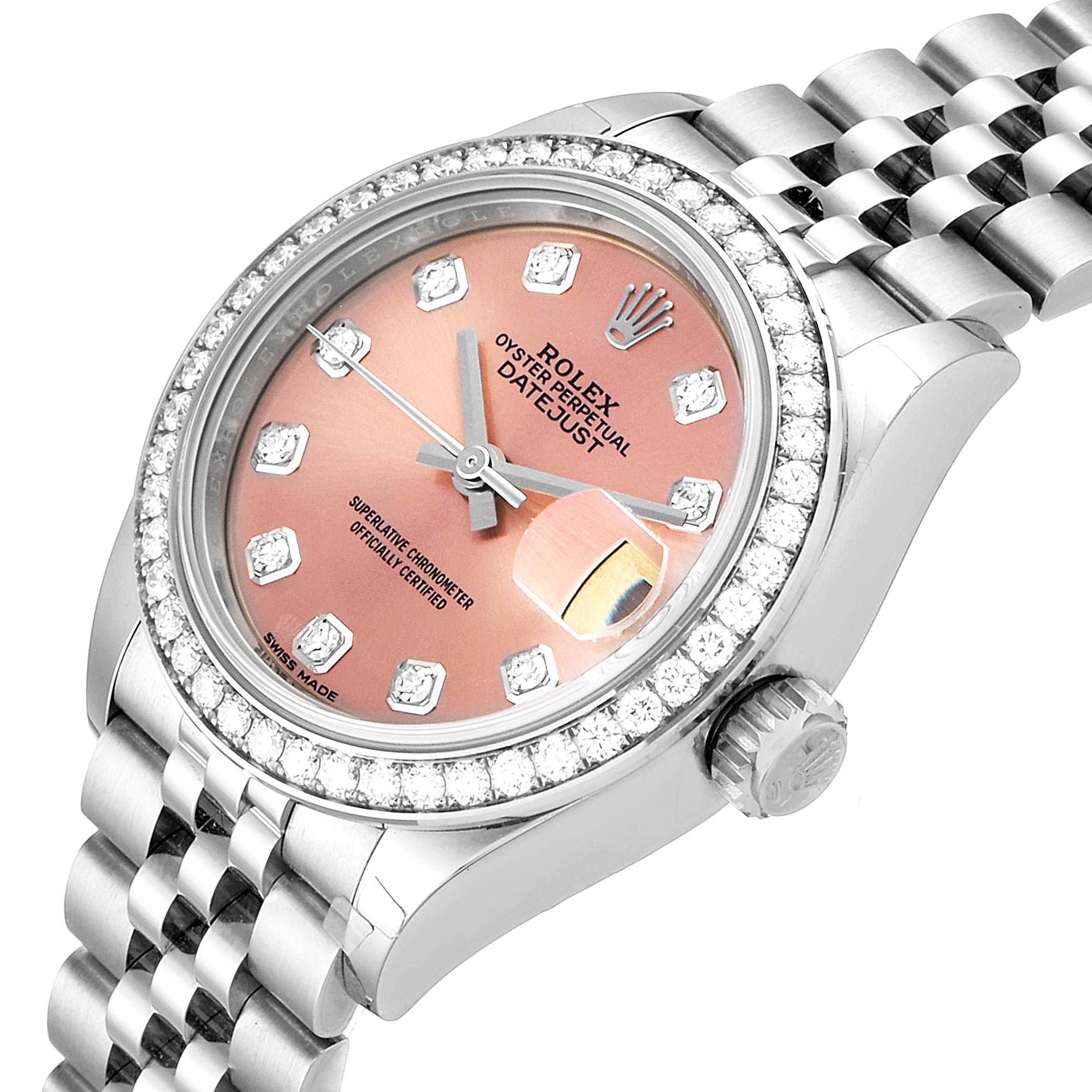 This image shows a close-up of the Rolex Datejust 279384 Women's Stainless Steel Pink Dial 279384 Women's Stainless Steel Pink Dial watch face, bezel, and a portion of the bracelet at an angle.