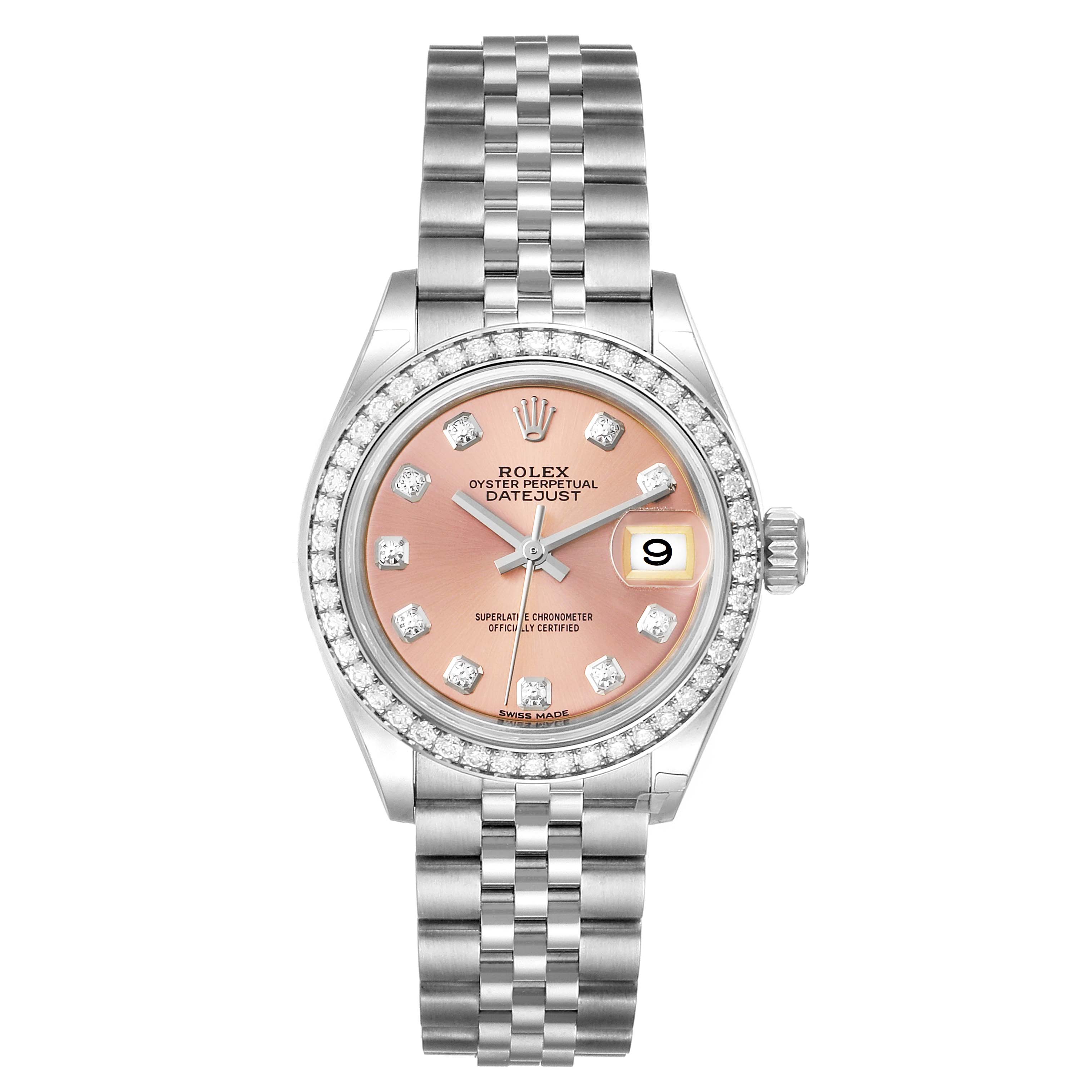 This Rolex Datejust 279384 Women's Stainless Steel Pink Dial 279384 Women's Stainless Steel Pink Dial watch is shown from a straight-on angle, displaying the face, bezel, and part of the bracelet.