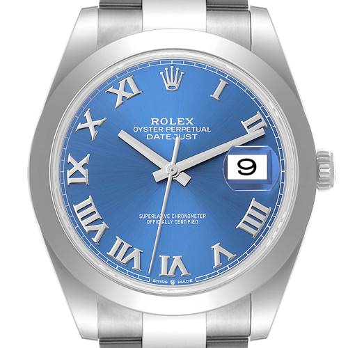 The Rolex Datejust 41 126300 Men's Stainless Steel Blue Dial 126300 Men's Stainless Steel Blue Dial is shown from the front, highlighting its blue dial, Roman numerals, and date window.