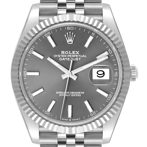 The Rolex Datejust 41 126334 Men's Stainless Steel Grey Dial 126334 Men's Stainless Steel Grey Dial watch is shown from a front angle, highlighting the dial, fluted bezel, and jubilee bracelet.