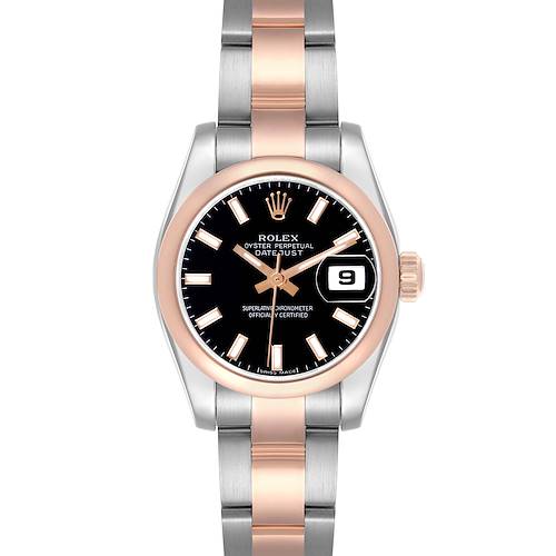 The Rolex Datejust 179161 Women's Steel and Gold (two tone) Black Dial 179161 Women's Steel and Gold (two tone) Black Dial watch is shown from the front, displaying the dial, bezel, and bracelet.