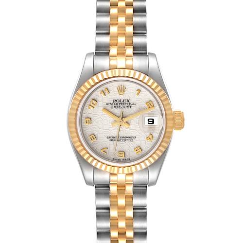 This Rolex Datejust 179173 Women's Steel and Gold (two tone) Beige Dial 179173 Women's Steel and Gold (two tone) Beige Dial watch is shown from a front angle, showcasing its dial, bezel, and two-tone bracelet.