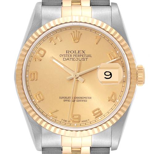 The image shows a close-up of the Rolex Datejust 16233 Men's Steel and Gold (two tone) Champagne Dial 16233 Men's Steel and Gold (two tone) Champagne Dial watch, highlighting its dial, bezel, crown, and part of the bracelet.