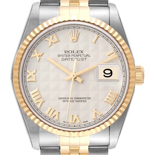 The Rolex Datejust 16233 Men's Steel and Gold (two tone) Beige Dial 16233 Men's Steel and Gold (two tone) Beige Dial watch is shown from the front, displaying its face, bezel, crown, and part of the bracelet.