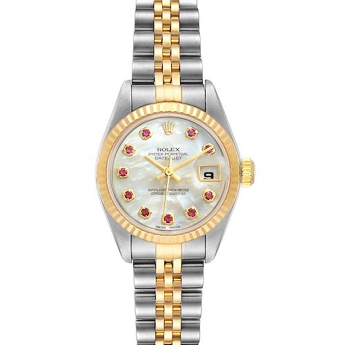 The image shows a Rolex Datejust 79173 Women's Steel and Gold (two tone) Mother of Pearl Dial 79173 Women's Steel and Gold (two tone) Mother of Pearl Dial watch from a front angle, highlighting the face, bezel, and two-tone bracelet.