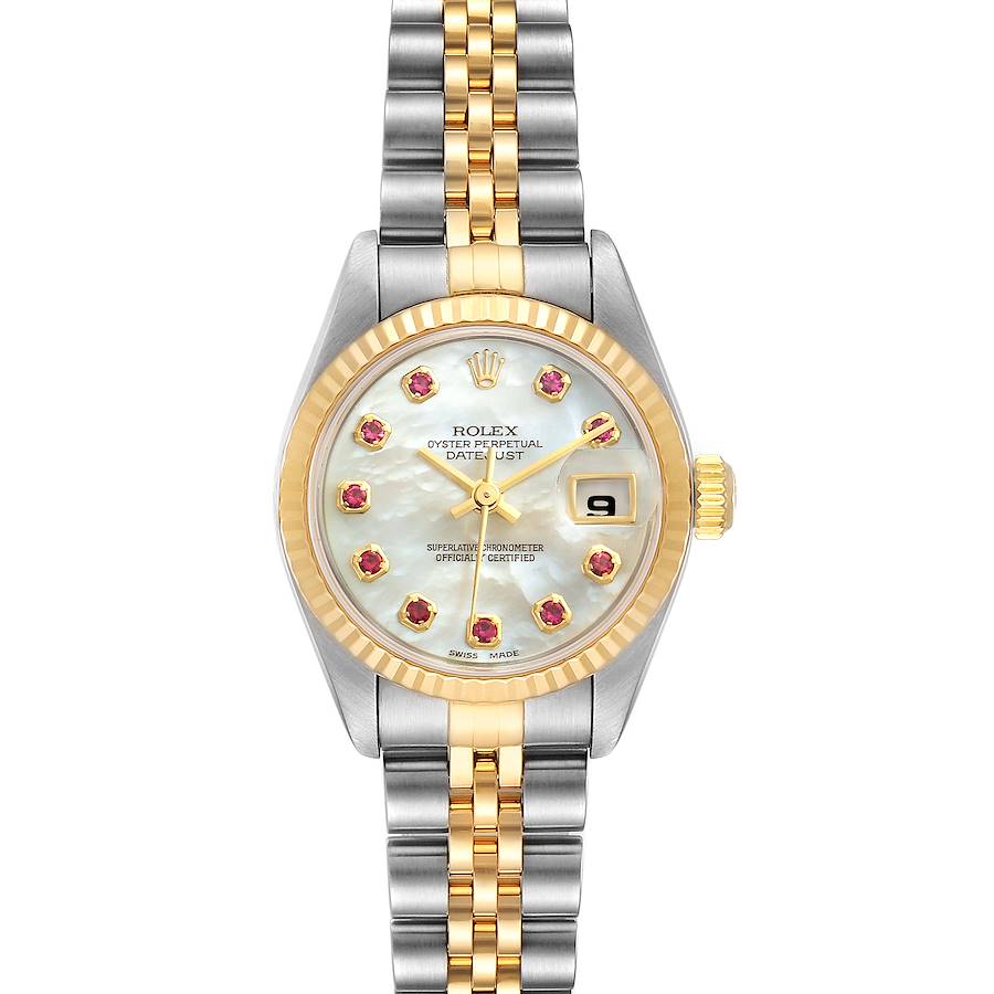 The image shows a front view of a Rolex Datejust 79173 Women's Steel and Gold (two tone) Mother of Pearl Dial 79173 Women's Steel and Gold (two tone) Mother of Pearl Dial watch with a two-tone band and diamond hour markers.