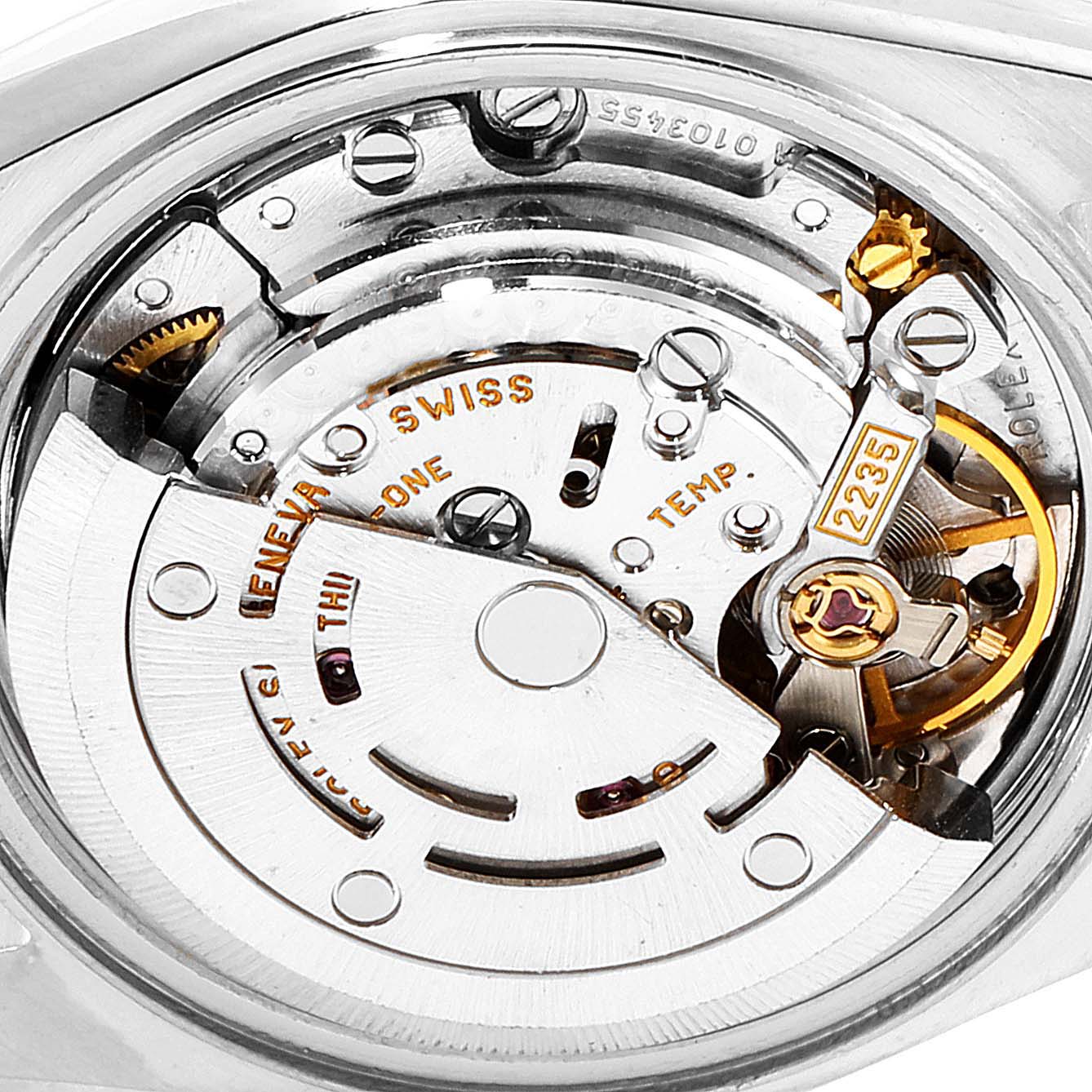 This image shows the internal movement mechanism of a Rolex Datejust 79173 Women's Steel and Gold (two tone) Mother of Pearl Dial 79173 Women's Steel and Gold (two tone) Mother of Pearl Dial model from a close-up angle without the case back.