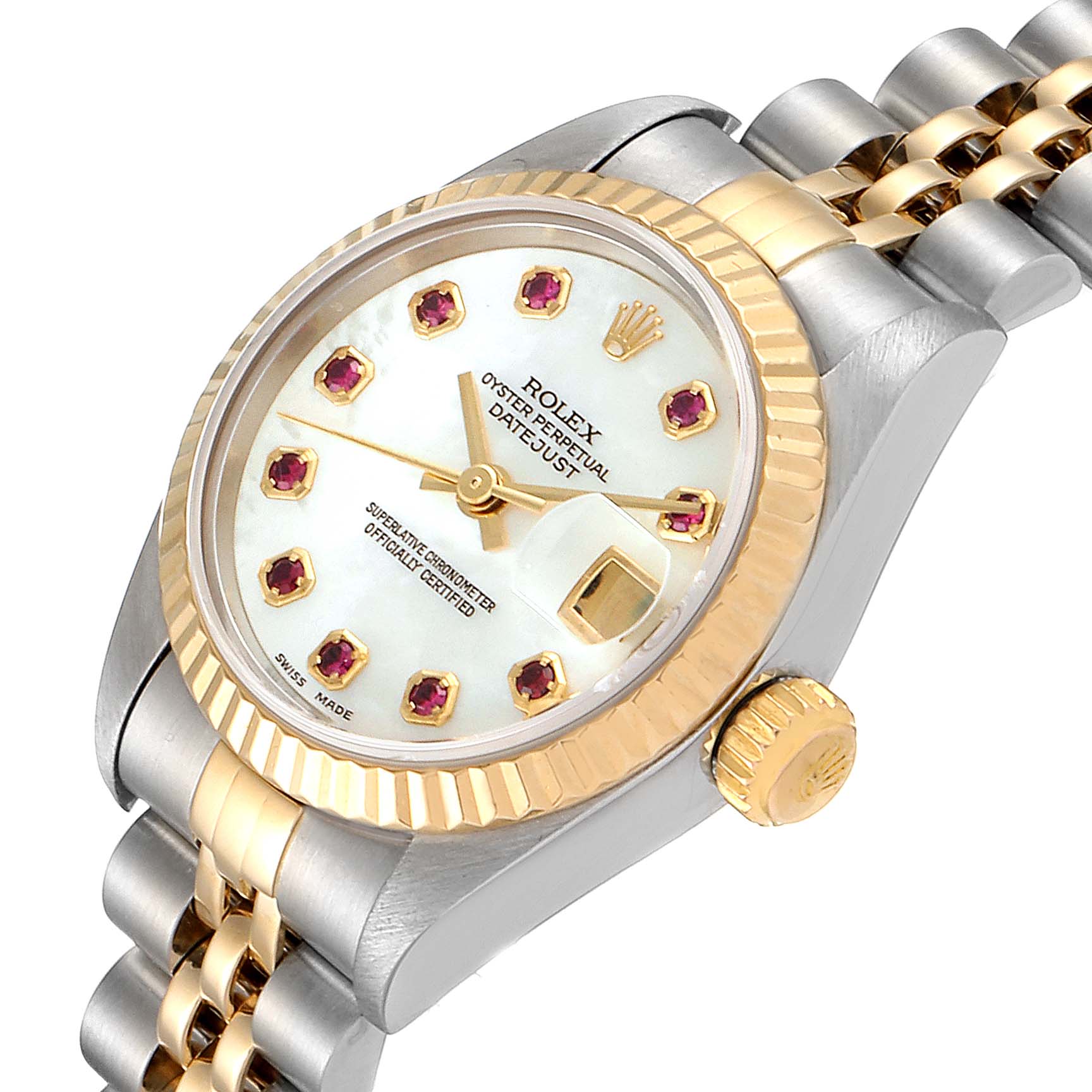 This image shows a close-up angle of the Rolex Datejust 79173 Women's Steel and Gold (two tone) Mother of Pearl Dial 79173 Women's Steel and Gold (two tone) Mother of Pearl Dial model watch, highlighting the dial, crown, bezel, and part of the bracelet.