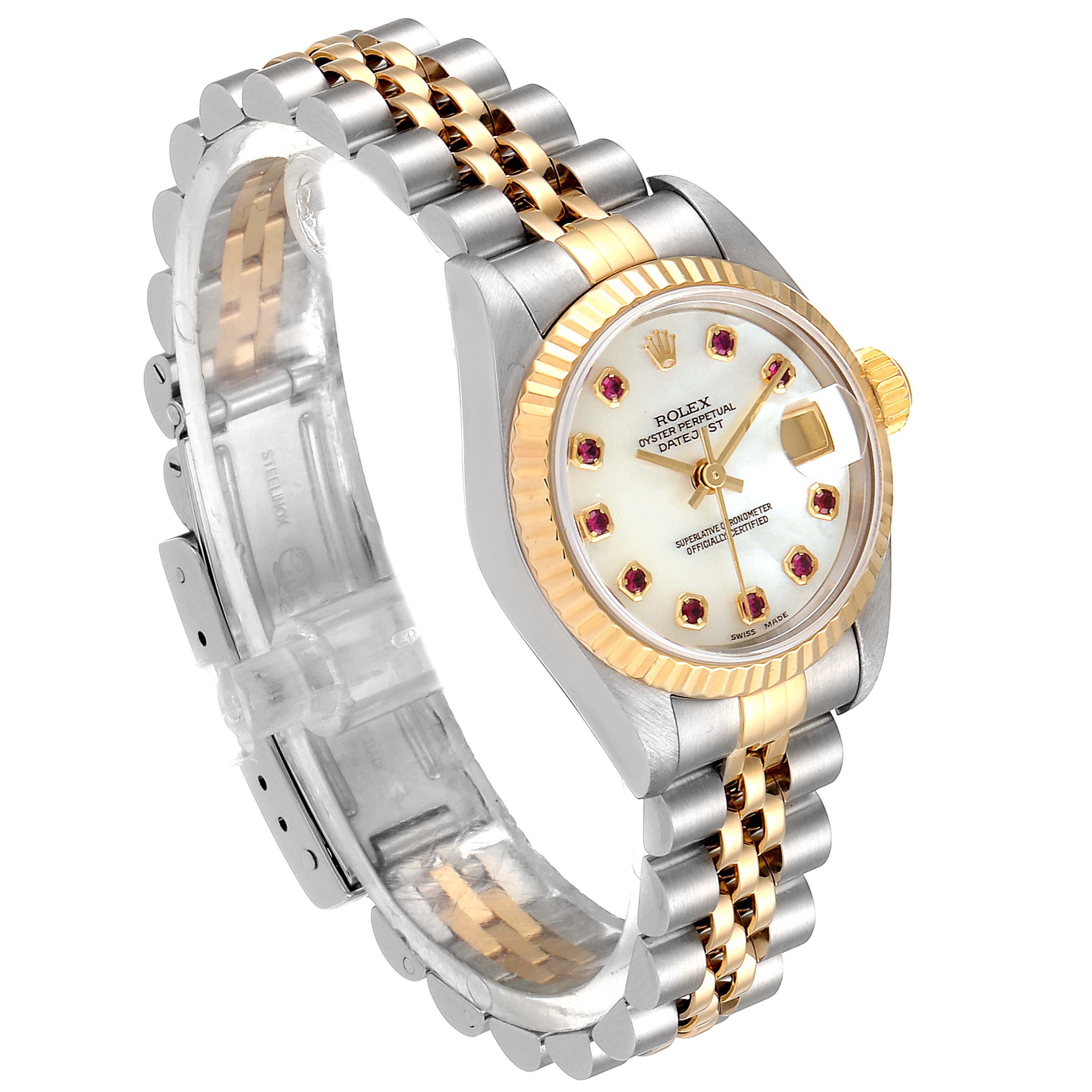 The image shows a Rolex Datejust 79173 Women's Steel and Gold (two tone) Mother of Pearl Dial 79173 Women's Steel and Gold (two tone) Mother of Pearl Dial watch at an angled side view, displaying its face, bezel, crown, and two-tone jubilee bracelet.