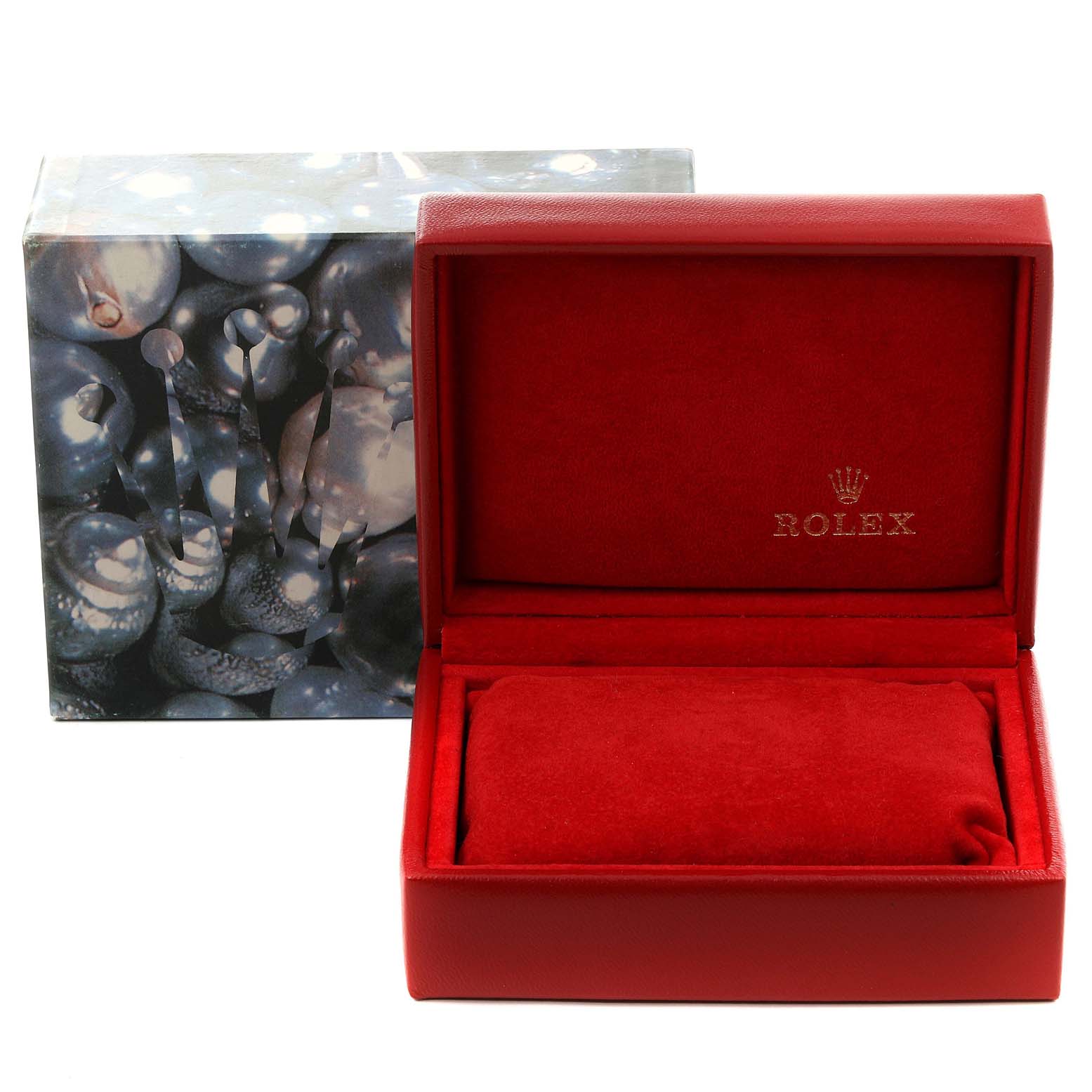 The image shows a red Rolex Datejust 79173 Women's Steel and Gold (two tone) Mother of Pearl Dial 79173 Women's Steel and Gold (two tone) Mother of Pearl Dial watch box, with a closed outer box featuring the Rolex logo.