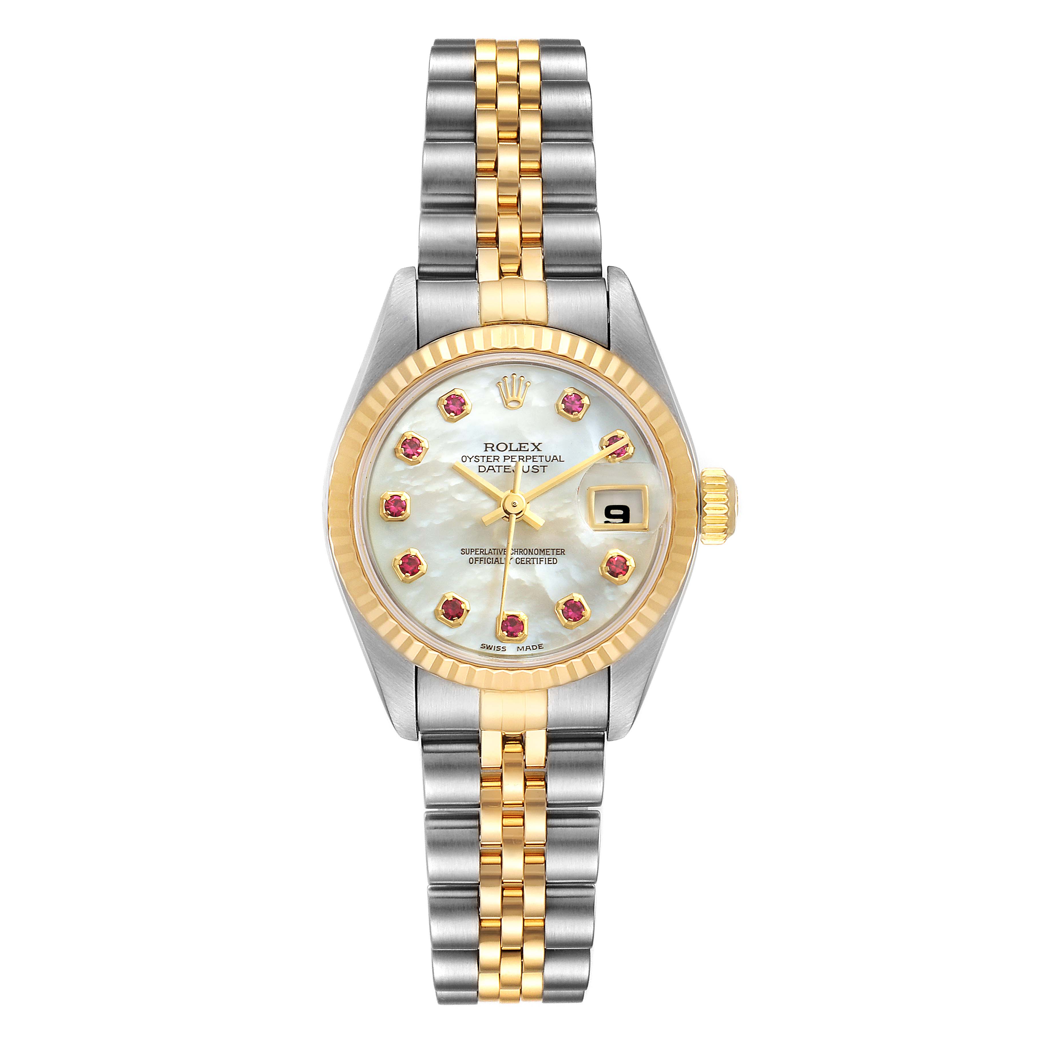 This image shows a Rolex Datejust 79173 Women's Steel and Gold (two tone) Mother of Pearl Dial 79173 Women's Steel and Gold (two tone) Mother of Pearl Dial watch from a front angle, highlighting its two-tone bracelet, gold fluted bezel, and date display.
