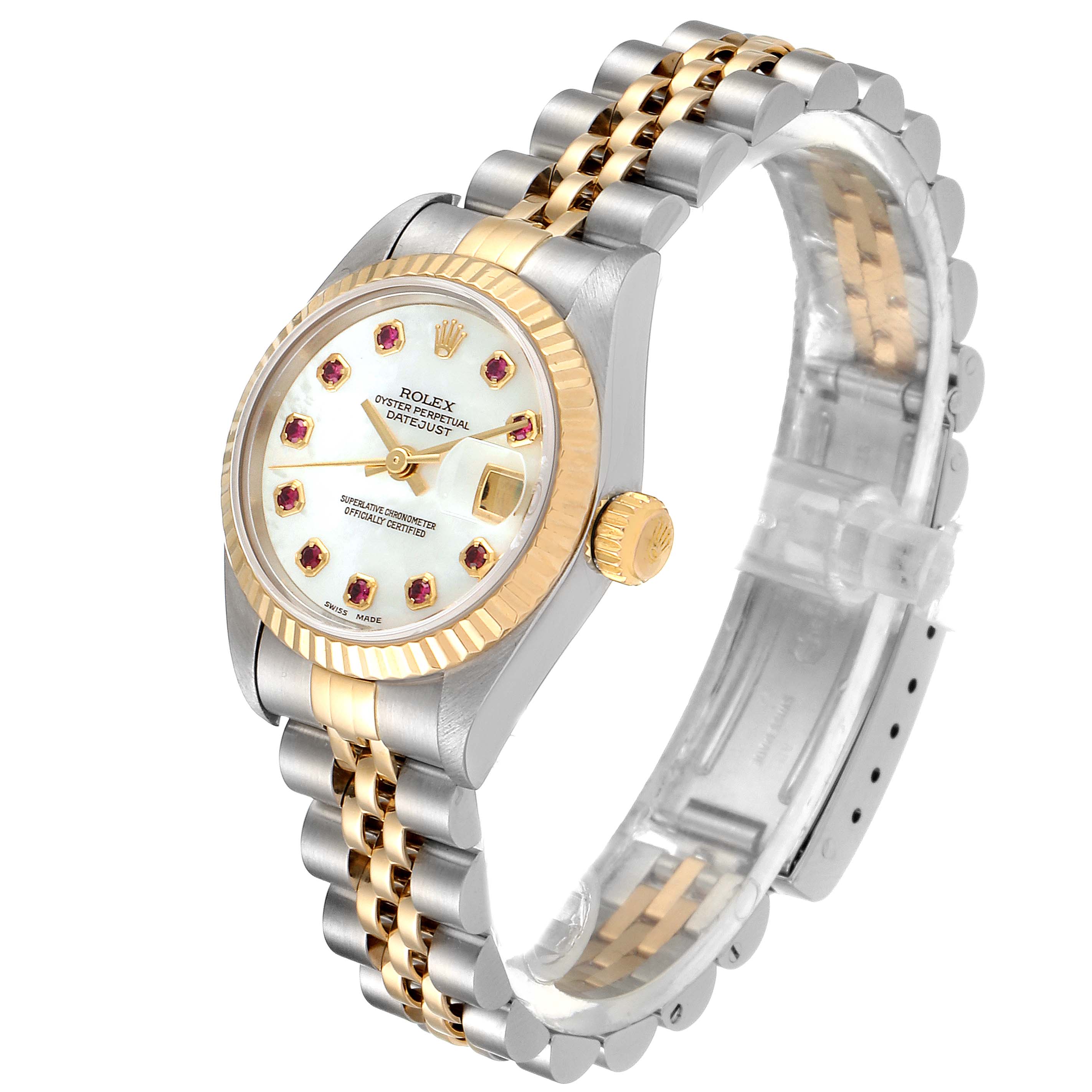 The Rolex Datejust 79173 Women's Steel and Gold (two tone) Mother of Pearl Dial 79173 Women's Steel and Gold (two tone) Mother of Pearl Dial watch is shown at a slight angle featuring its face, dial, bezel, and two-tone bracelet.