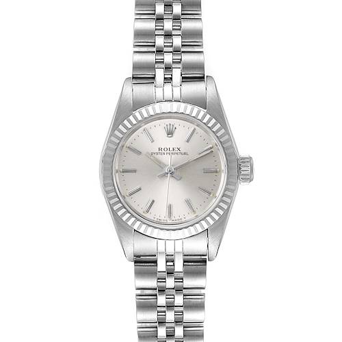 The image shows a front view of a Rolex Oyster Perpetual 67194 Women's Stainless Steel Silver Dial 67194 Women's Stainless Steel Silver Dial watch with a silver dial and stainless steel bracelet.