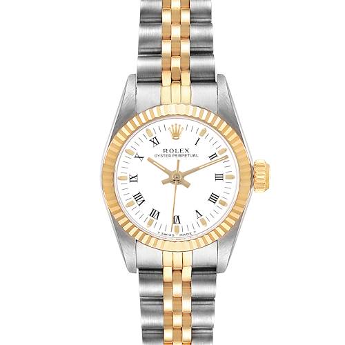 The Rolex Oyster Perpetual 67193 Women's Steel and Gold (two tone) White Dial 67193 Women's Steel and Gold (two tone) White Dial watch is shown from a front view, highlighting the dial, bezel, and bracelet.