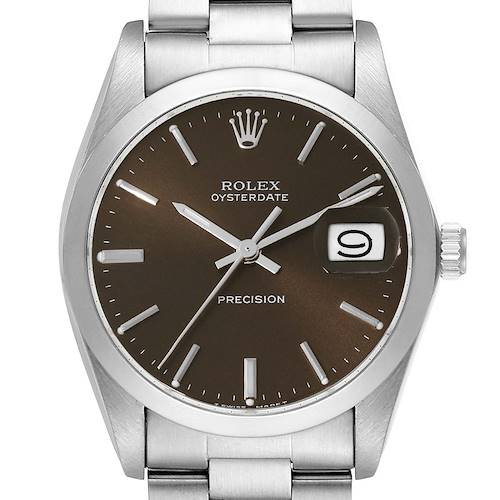 The image shows a front view of the Rolex Vintage Collection 6694 Men's Stainless Steel Brown Dial 6694 Men's Stainless Steel Brown Dial Oysterdate Precision watch, detailing its dial, bezel, crown, and bracelet.