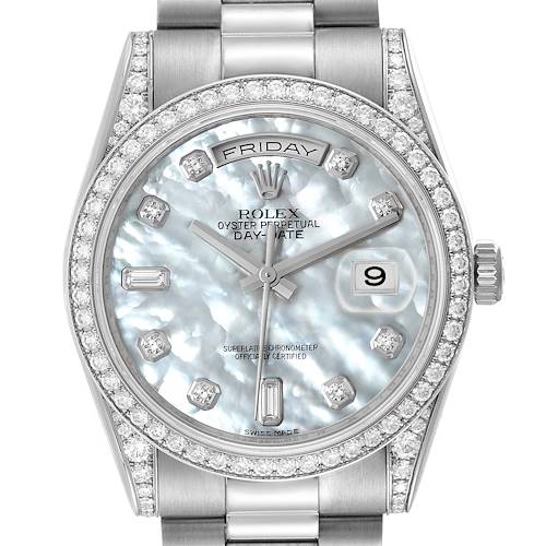 This is a close-up view of a Rolex President 118389 Men's White Gold Mother of Pearl Dial 118389 Men's White Gold Mother of Pearl Dial Day-Date watch, showing the dial, bezel, and part of the bracelet.