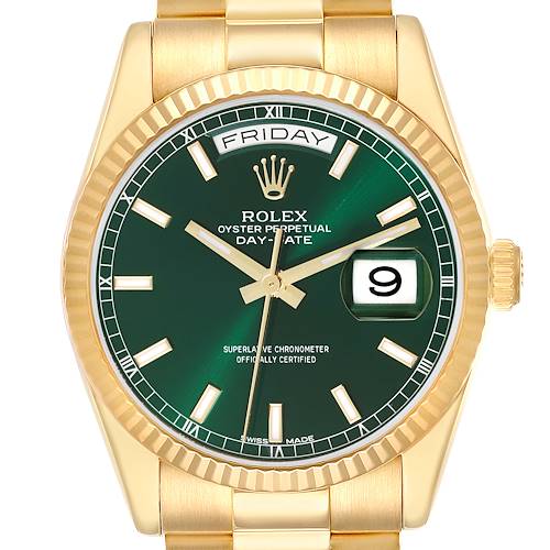 This image shows a front view of a Rolex President 118238 Men's Yellow Gold Green Dial 118238 Men's Yellow Gold Green Dial model watch, showcasing its gold case, green dial, day, and date functions.