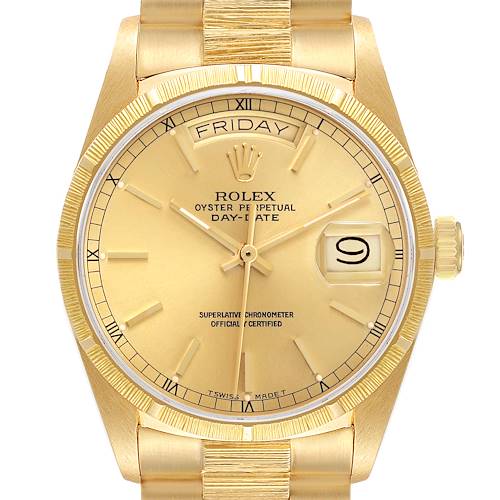The Rolex President 18078 Men's Yellow Gold Champagne Dial 18078 Men's Yellow Gold Champagne Dial model is shown from the front, highlighting the dial, hands, day-date window, and part of the bracelet.