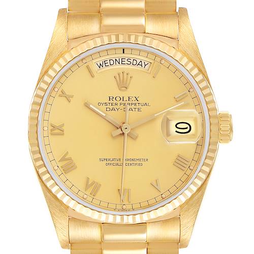 The Rolex President 18038 Men's Yellow Gold Champagne Dial 18038 Men's Yellow Gold Champagne Dial model watch is shown from the front, featuring the dial, day and date windows.
