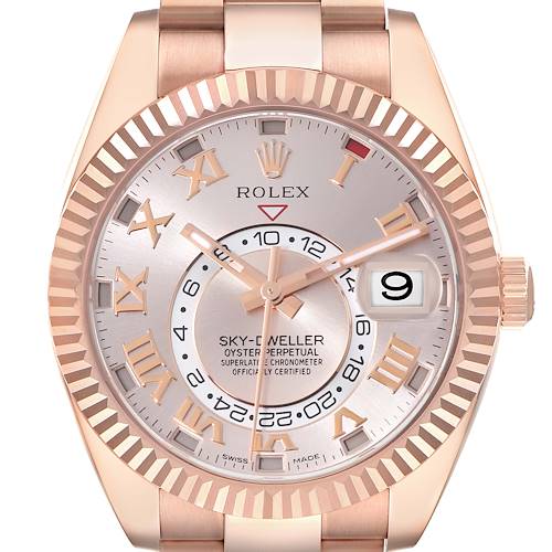 The image shows a front view of the Rolex Sky-Dweller 326935 Men's Rose Gold Pink Dial 326935 Men's Rose Gold Pink Dial watch, highlighting its dial, bezel, and part of the bracelet.