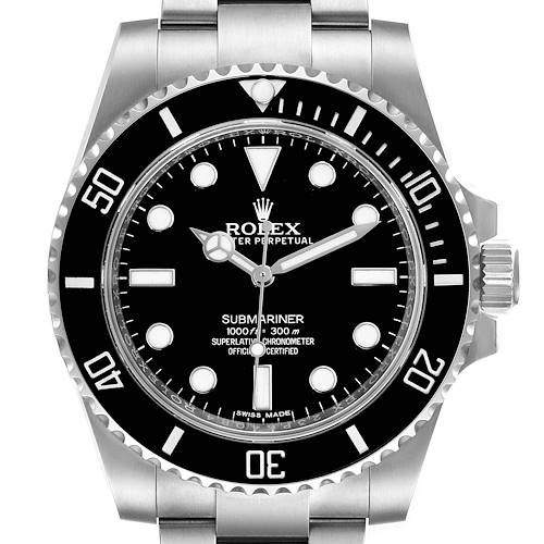 The Rolex Submariner 114060 Men's Stainless Steel Black Dial 114060 Men's Stainless Steel Black Dial watch is shown from the front, highlighting its dial, bezel, hands, and bracelet.