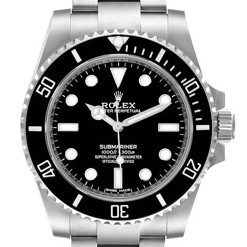 This image shows a front view of the Rolex Submariner 114060 Men's Stainless Steel Black Dial 114060 Men's Stainless Steel Black Dial watch, highlighting the dial, bezel, and bracelet.