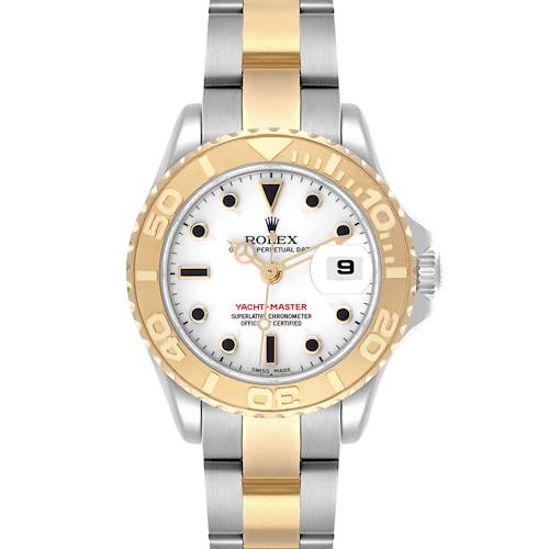 The Rolex Yacht-Master 169623 Women's Steel and Gold (two tone) White Dial 169623 Women's Steel and Gold (two tone) White Dial watch is shown from the front, highlighting its gold bezel, dial, and two-tone bracelet.