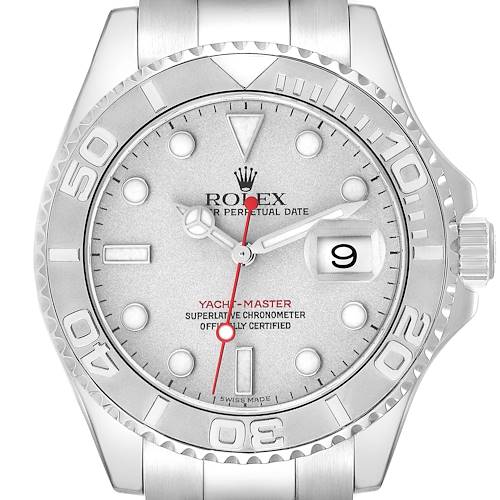 This image shows a frontal close-up view of the Rolex Yacht-Master 16622 Men's Stainless Steel Silver Dial 16622 Men's Stainless Steel Silver Dial watch, highlighting the dial, bezel, and bracelet.