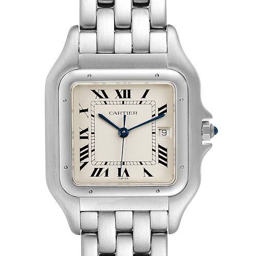 This image displays the face and part of the band of the Panthere de Cartier watch, featuring a rectangular dial with Roman numerals.