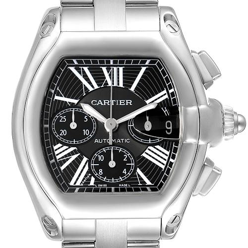 The Cartier Roadster W62020X6 Men's Stainless Steel Black Dial W62020X6 Men's Stainless Steel Black Dial watch is shown from a front angle displaying its dial, hands, subdials, and stainless steel bracelet.