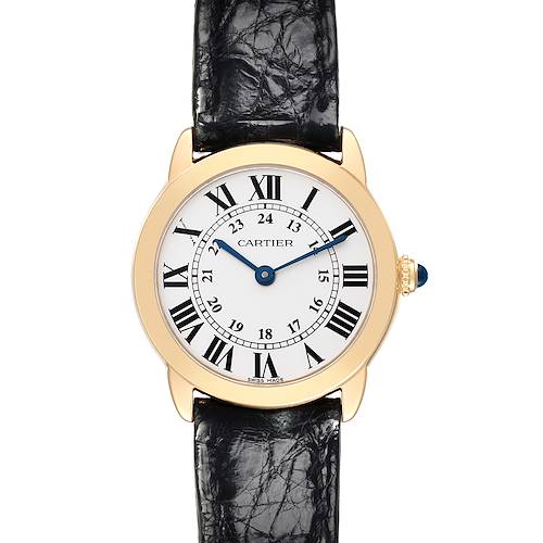 The Cartier Ronde W6700355 Women's Steel and Gold (two tone) Silver Dial W6700355 Women's Steel and Gold (two tone) Silver Dial watch is shown from a top-down angle, displaying its face, leather strap, and gold bezel.