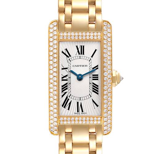 The Cartier Tank Americaine WB7012K2 Women's Yellow Gold Silver Dial WB7012K2 Women's Yellow Gold Silver Dial watch is shown from the front, highlighting its rectangular face, Roman numerals, and diamond accents.