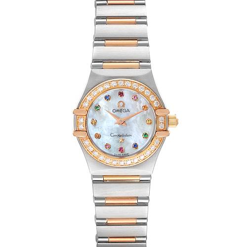 The image shows a front view of an Omega 1365.79.00 Women's Steel and Gold (two tone) Mother of Pearl Dial 1365.79.00 Women's Steel and Gold (two tone) Mother of Pearl Dial Constellation Iris Steel Rose Gold Multi Stone Ladies Watch 1365.79.00.